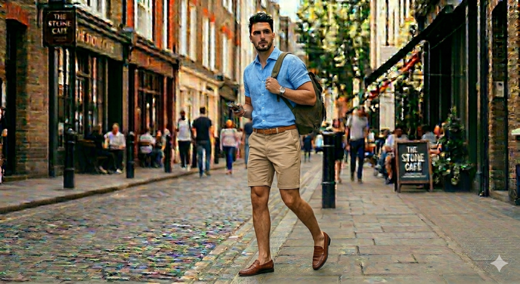Tailored chino shorts (mid-thigh, above the knee) + linen or Oxford short-sleeve shirt (tucked or half-tucked) + leather sandals or loafers (no socks)